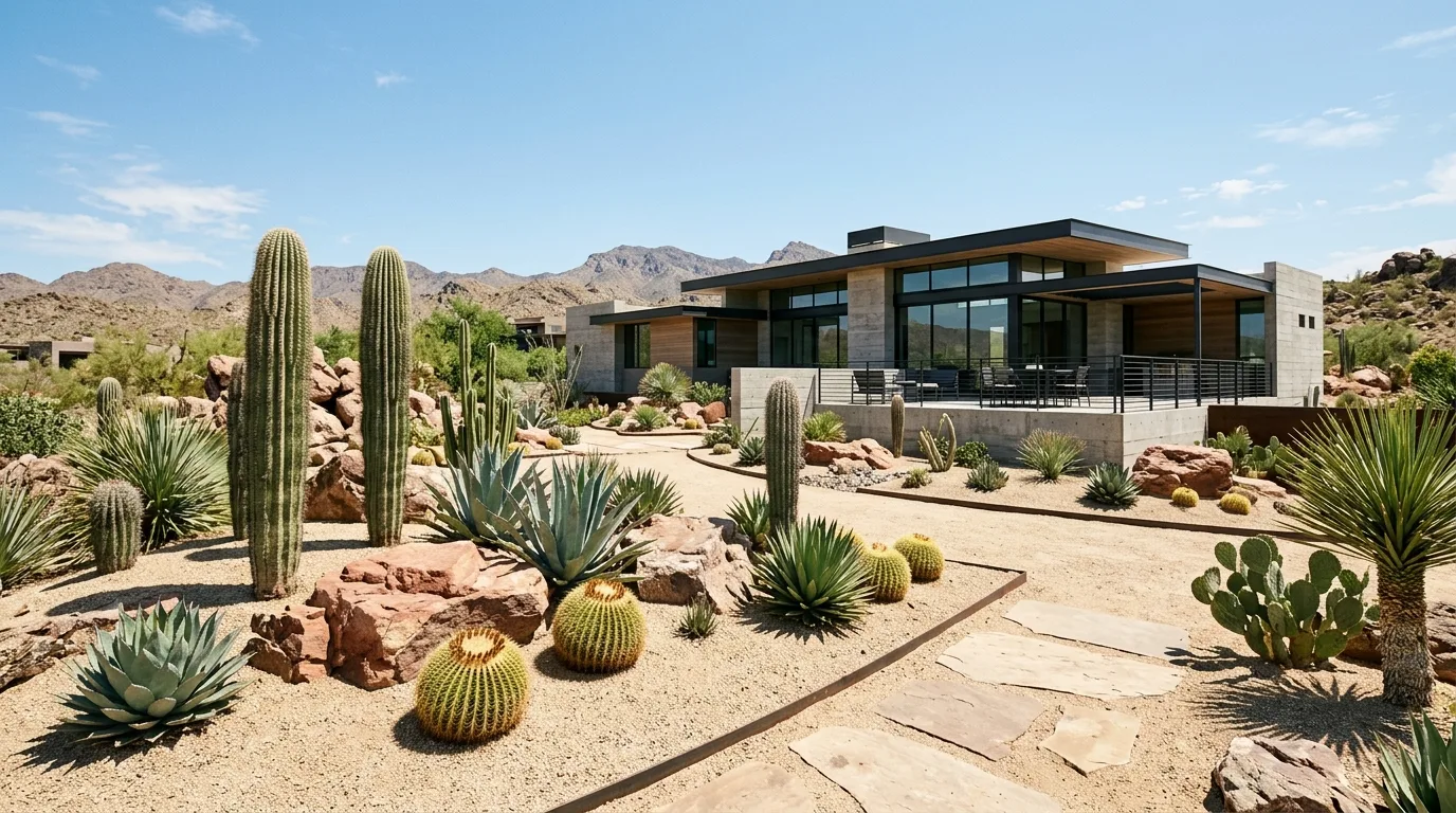 A California poolside landscape with palms stone and drought tolerant beauty, no people