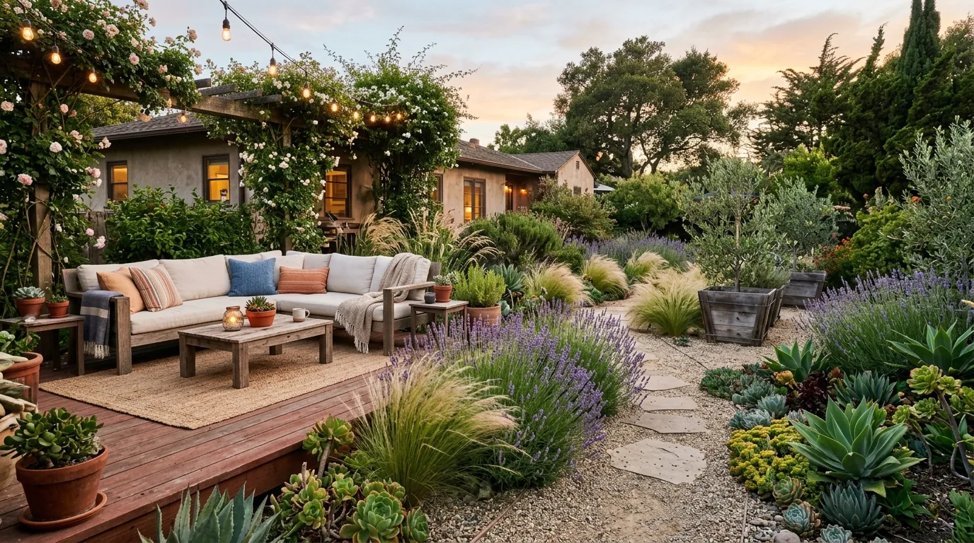 A modern California entry with succulents and silver planting, no people