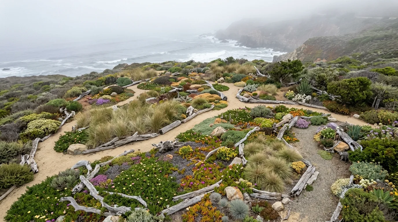 A breezy California dining garden with Mediterranean plants, no people