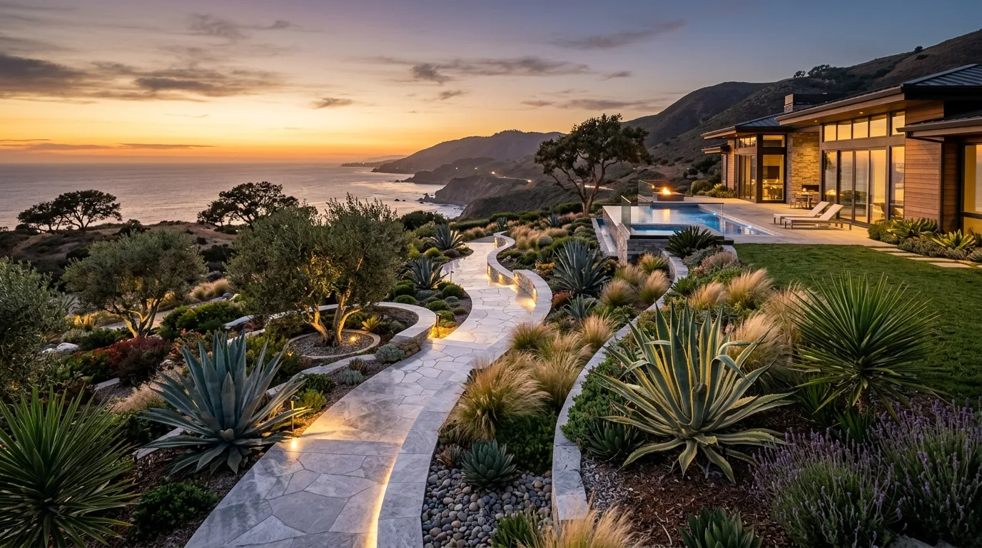 A narrow California side yard landscaped as a dry garden passage, no people