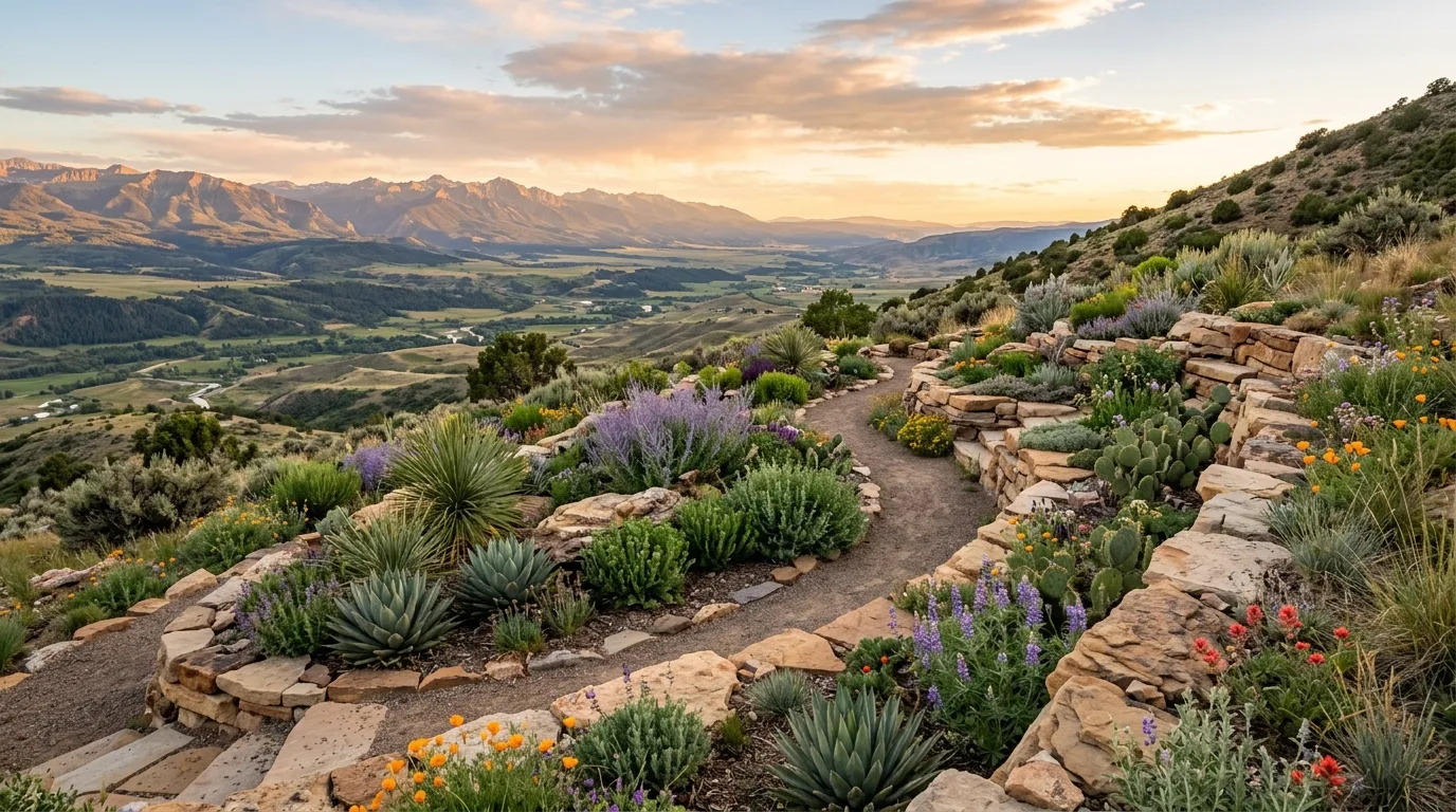 A California landscape pairing cactus with controlled flowering accents, no people