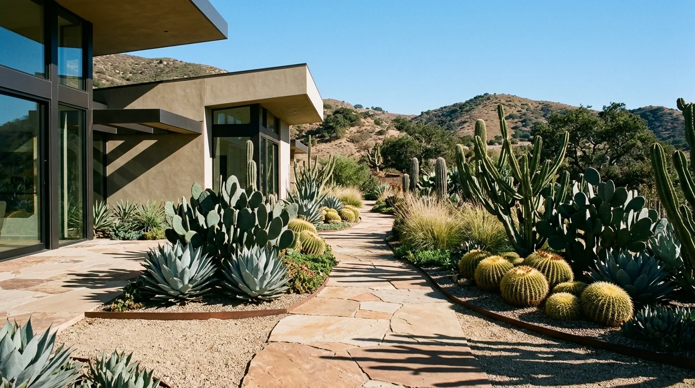 A California courtyard fountain surrounded by drought tolerant texture, no people