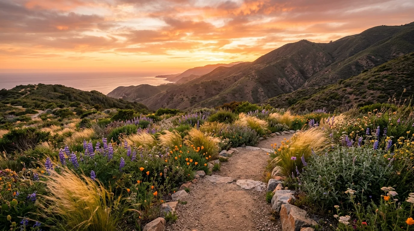 A layered breezy California front landscape with lush low water planting, no people