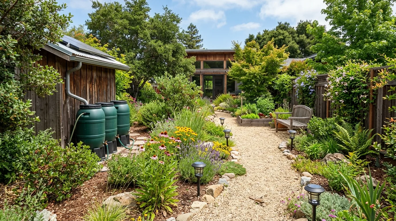An eco friendly sustainable landscape with native planting and layered texture, no people