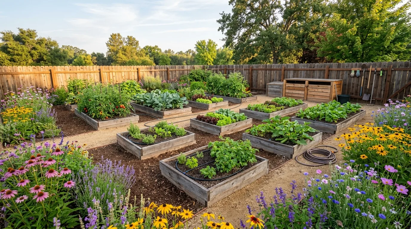 A sustainable green yard with gravel paths and drought tolerant planting, no people