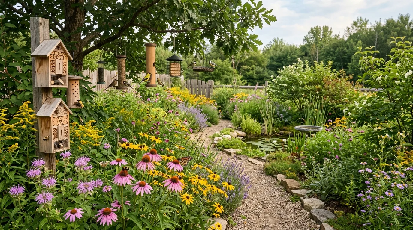 A shaded sustainable seating corner with edible planting, no people