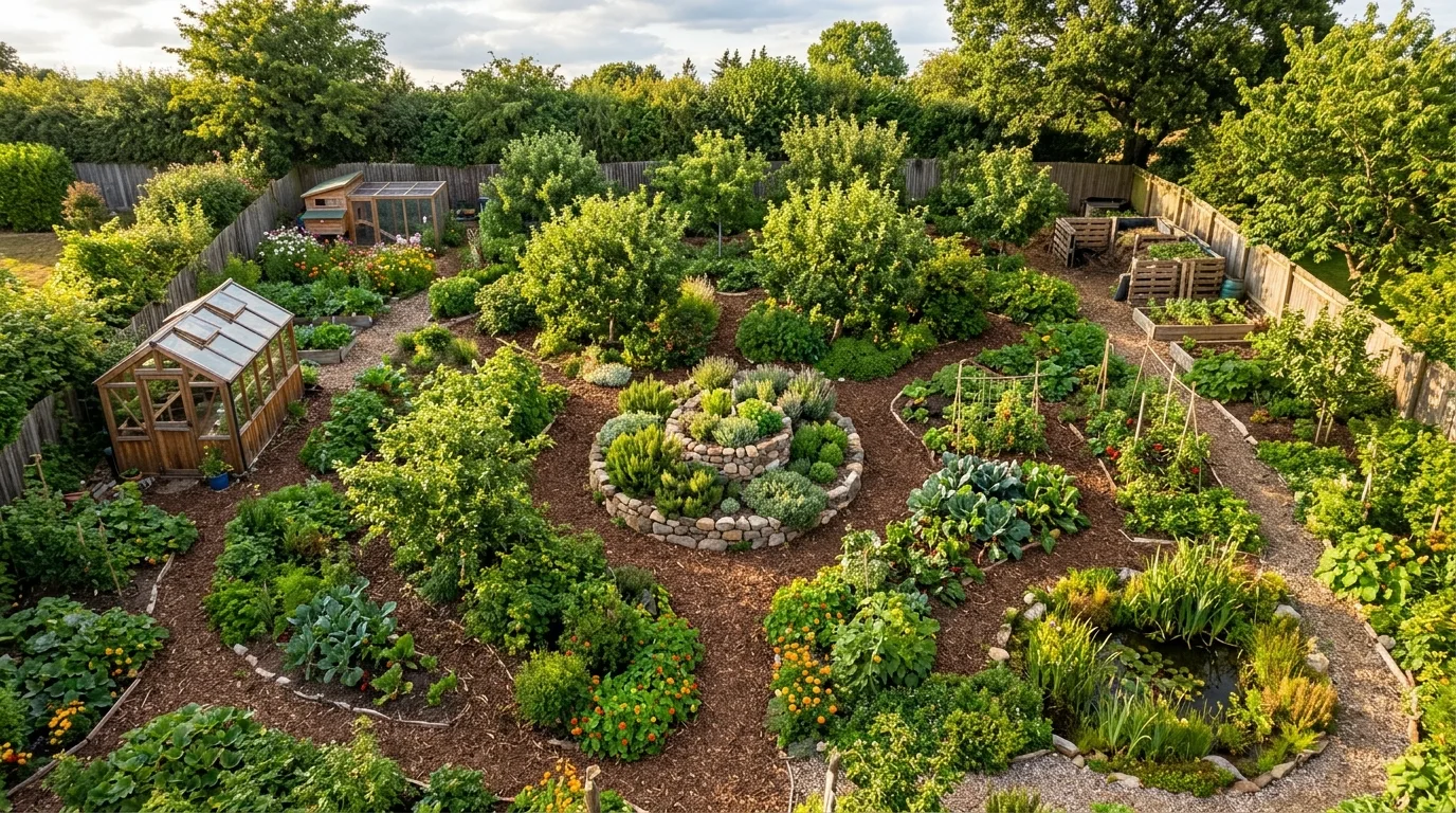A structured sustainable backyard garden with compost friendly beds, no people