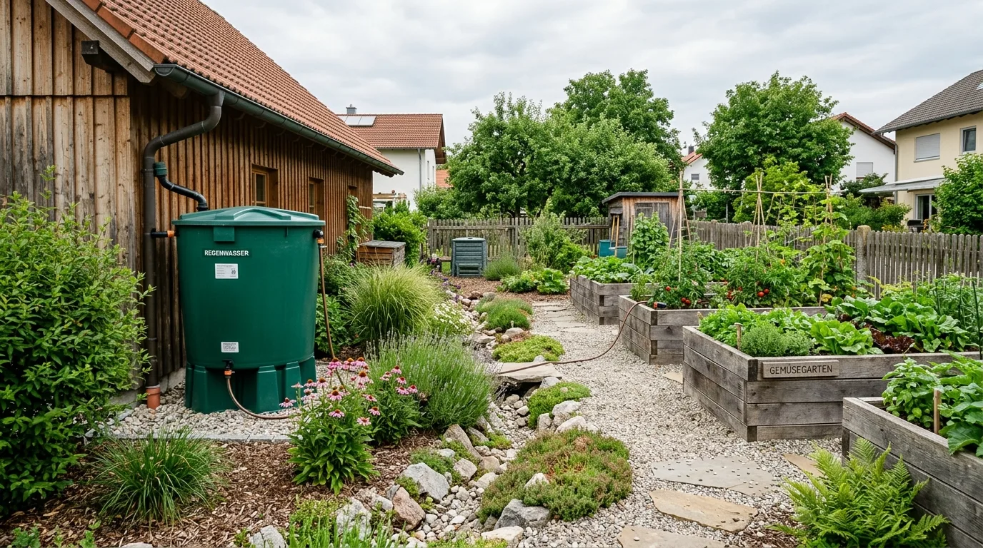 A low mow family sustainable yard with mixed planting borders, no people