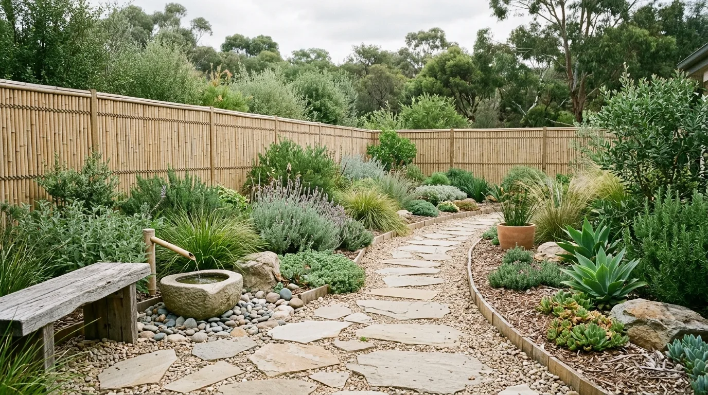 An eco friendly front yard with native color and low input design, no people