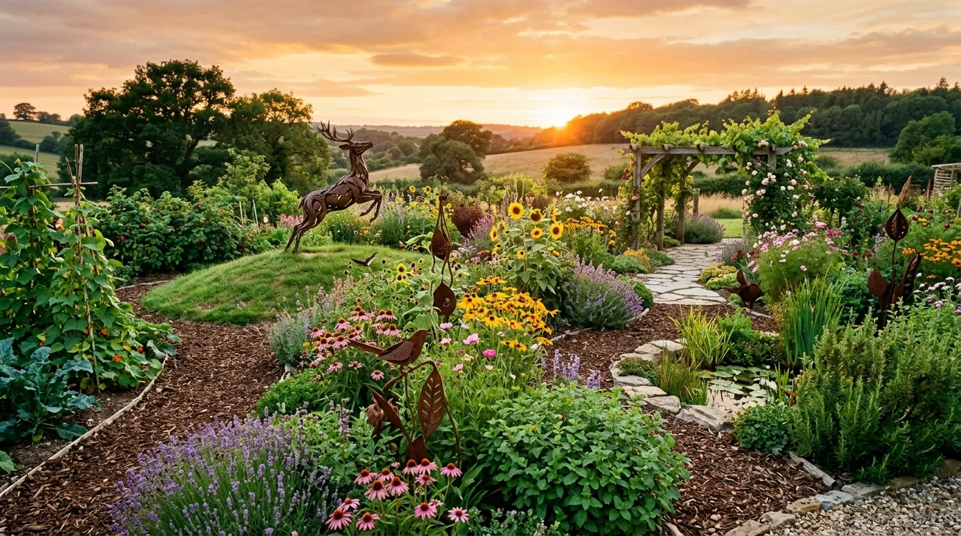 A lush layered sustainable landscape for a green yard, no people