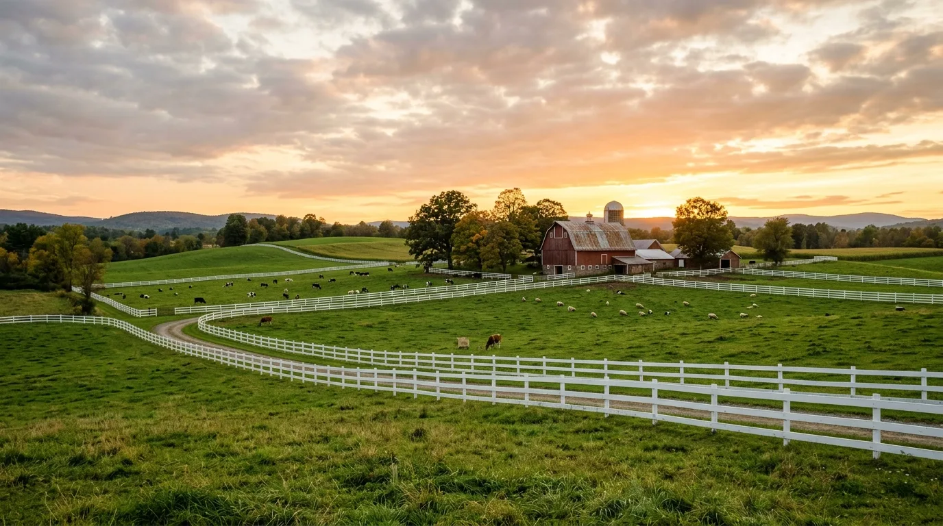 A charming farm landscape with gravel drive pasture fencing and bloom, no people