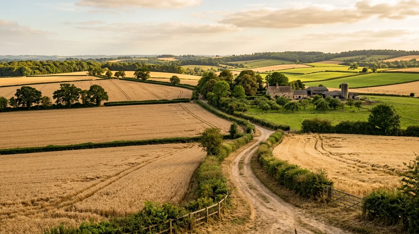 A farmhouse landscape with layered perennial borders, no people