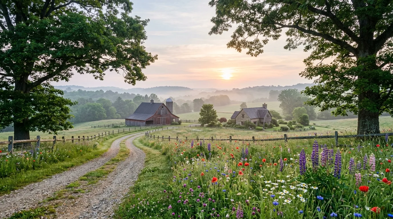 A charming farm landscape around a barn with layered planting, no people