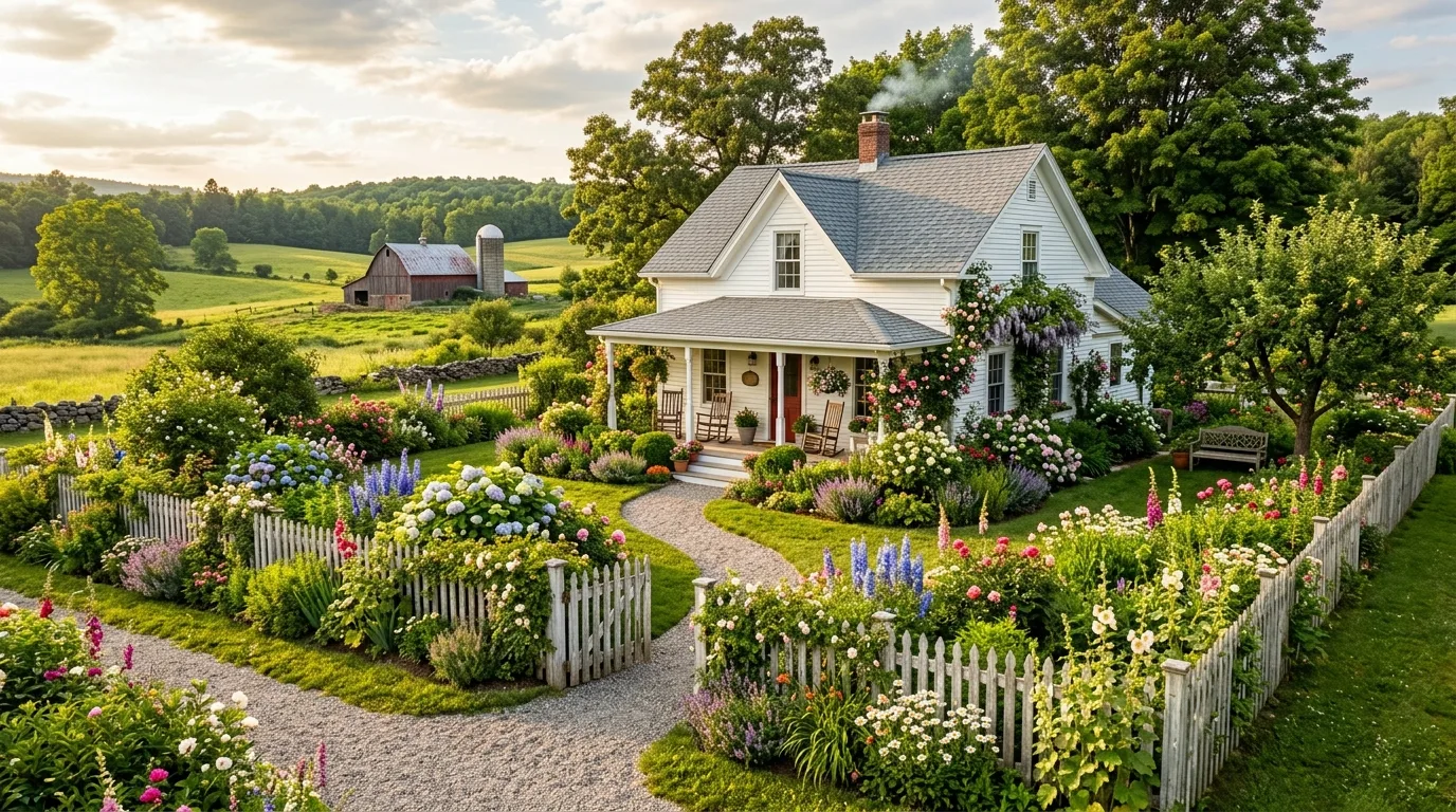A charming farm hillside with stone terraces and pasture views, no people