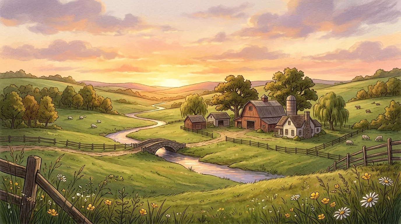 A cohesive charming farm landscape with repeated natural materials, no people