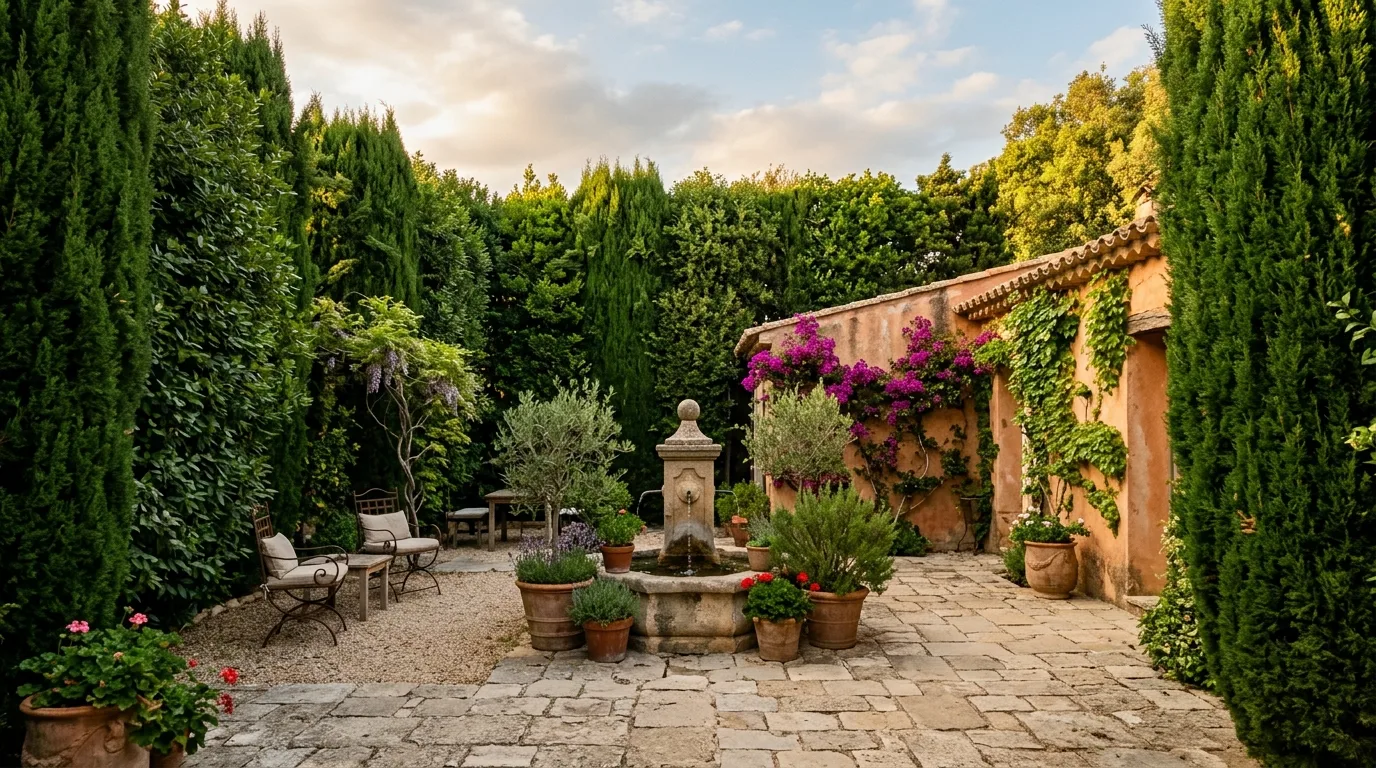 A lush Mediterranean cypress privacy hedge creating a secluded arrival, no people