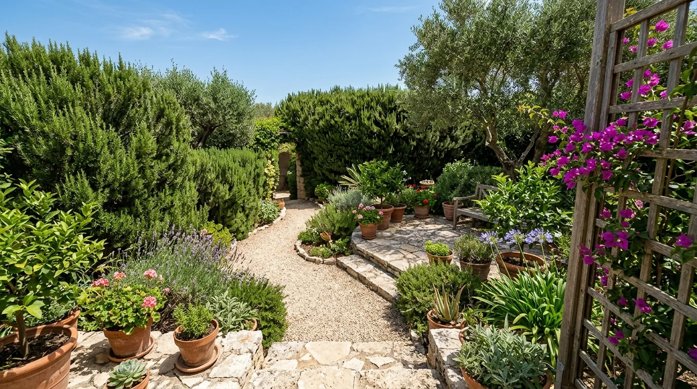 A clipped laurel privacy hedge in a Mediterranean stone courtyard, no people