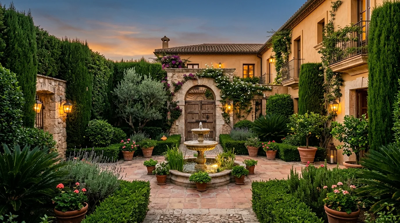 A lush Mediterranean mixed hedge around an outdoor dining terrace, no people