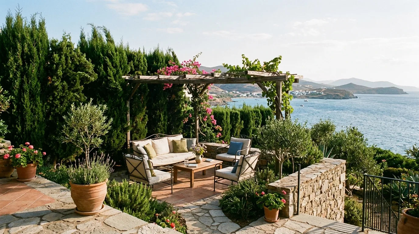 A Mediterranean privacy hedge with rosemary and shrubs, no people