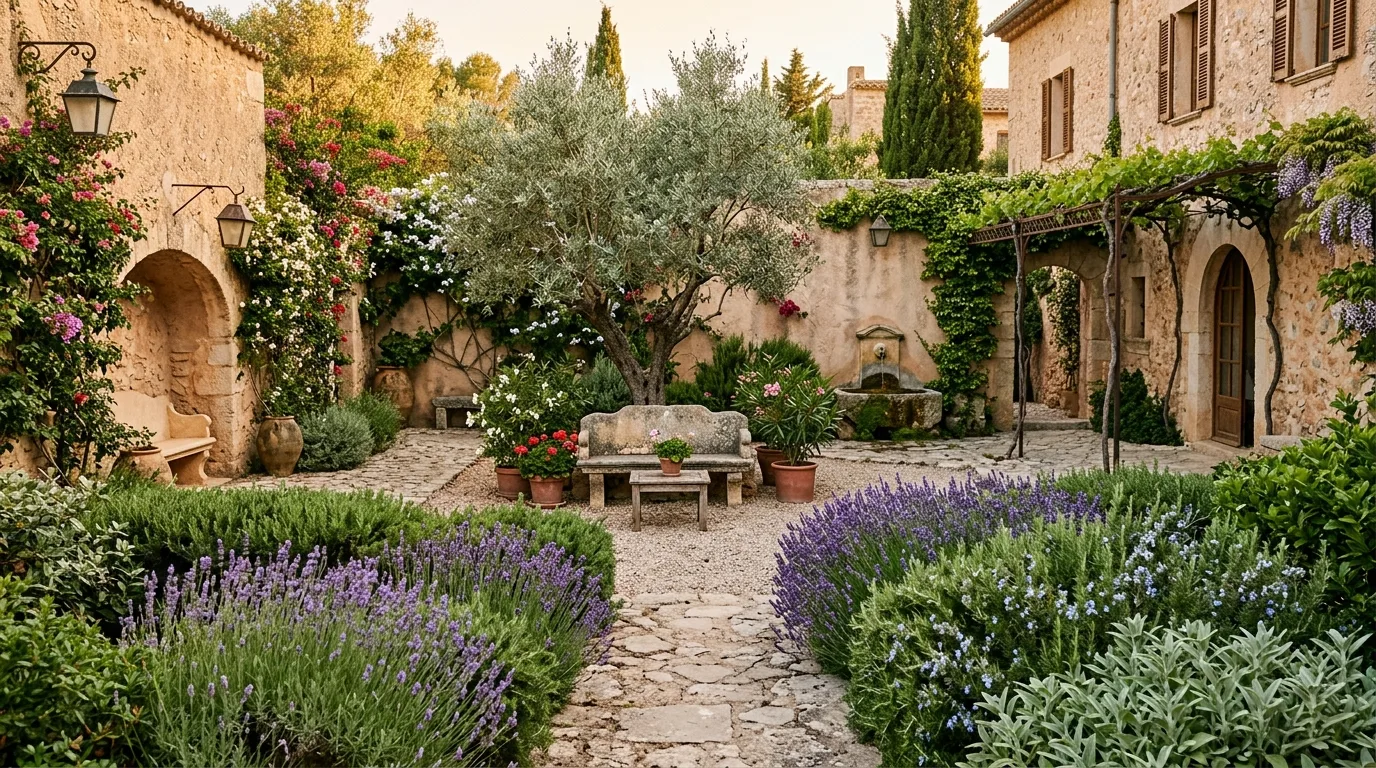 A terraced Mediterranean privacy hedge on a hillside retreat, no people