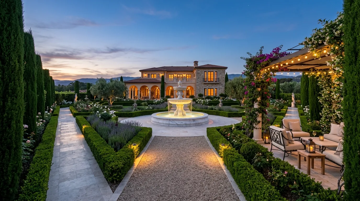 A Mediterranean hedge and pergola creating layered privacy, no people