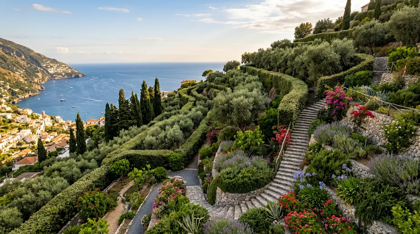 A lush Mediterranean hedge screening a pool area, no people