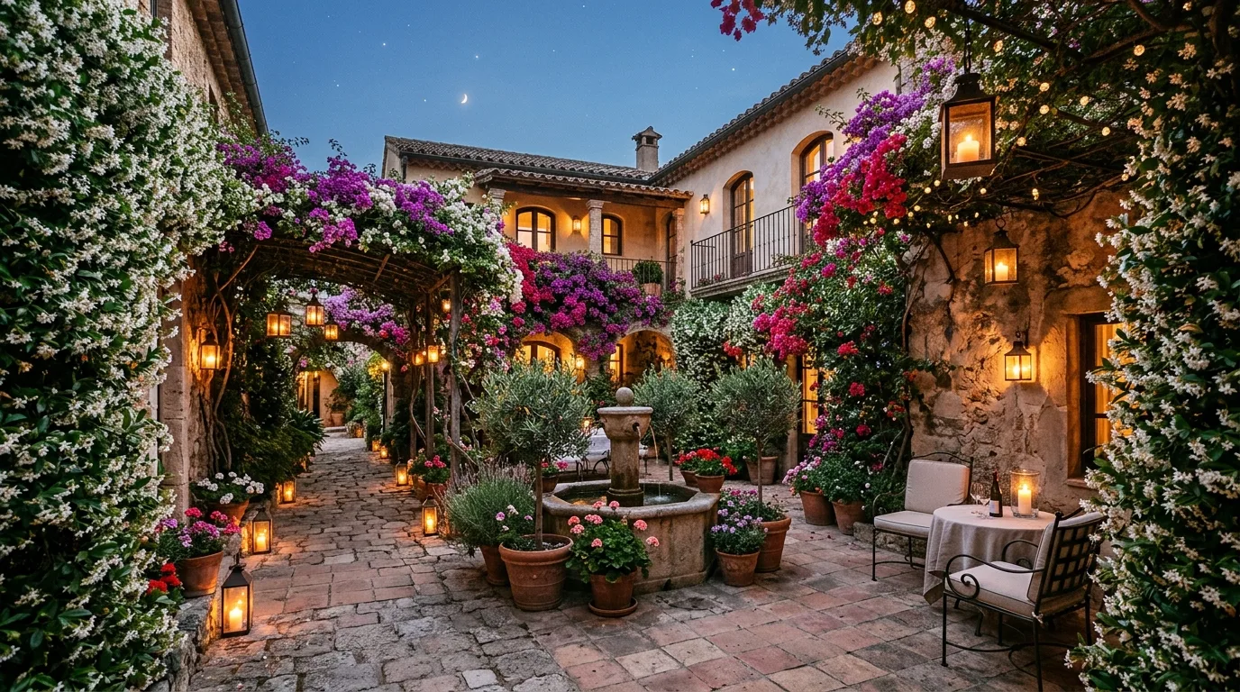 A curved Mediterranean privacy hedge enclosing a courtyard, no people