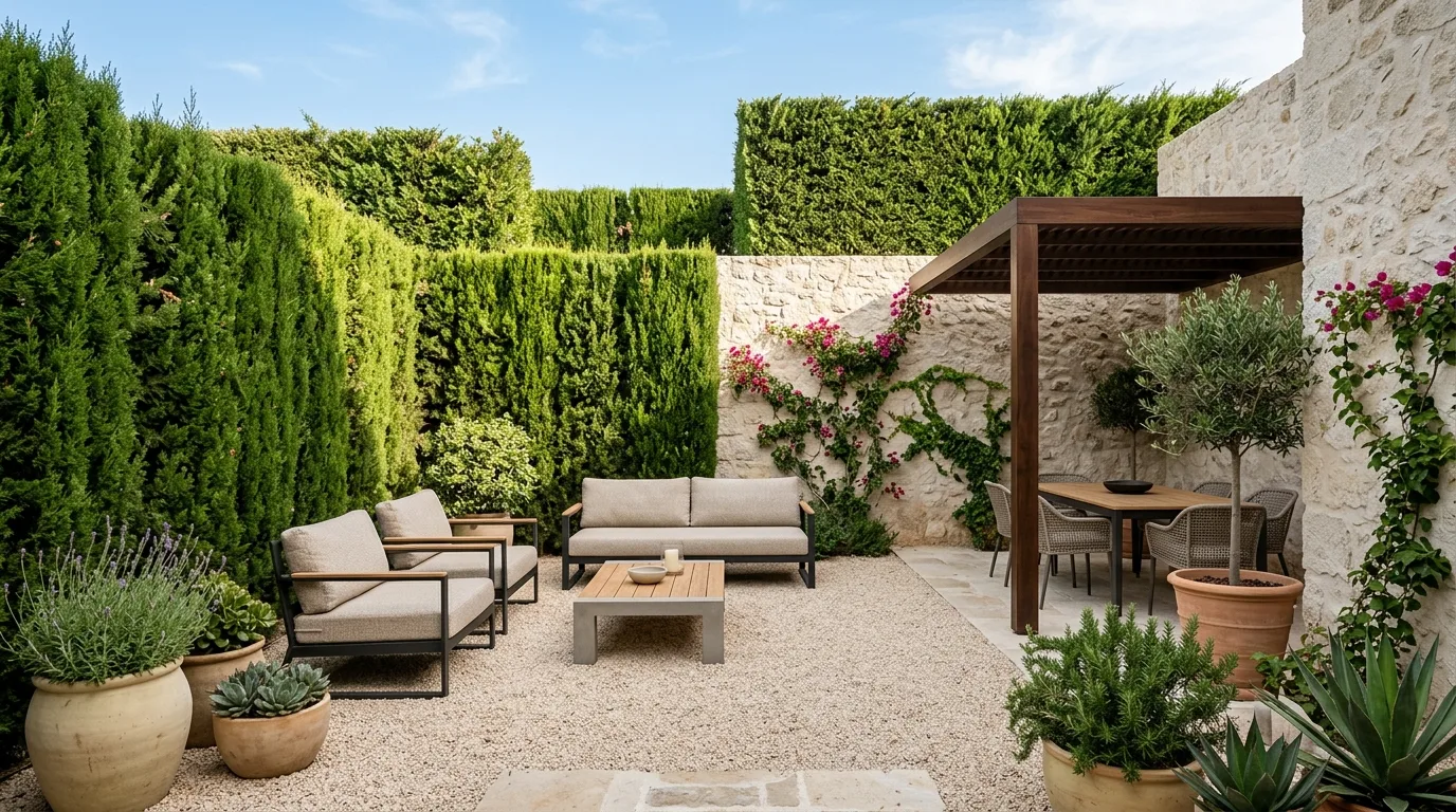 A coastal Mediterranean privacy hedge with silver foliage, no people