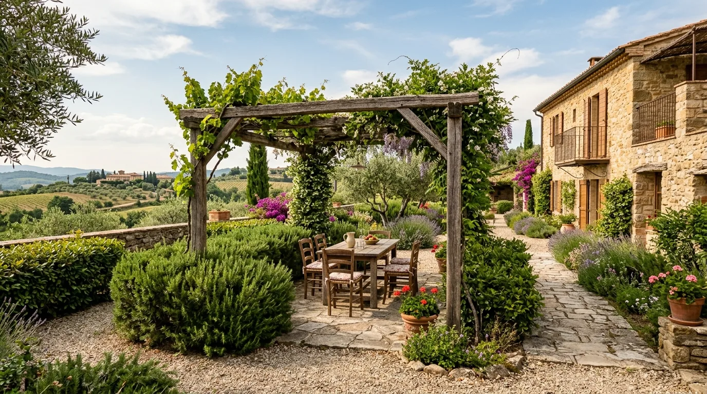 A gravel path bordered by fragrant Mediterranean privacy hedges, no people