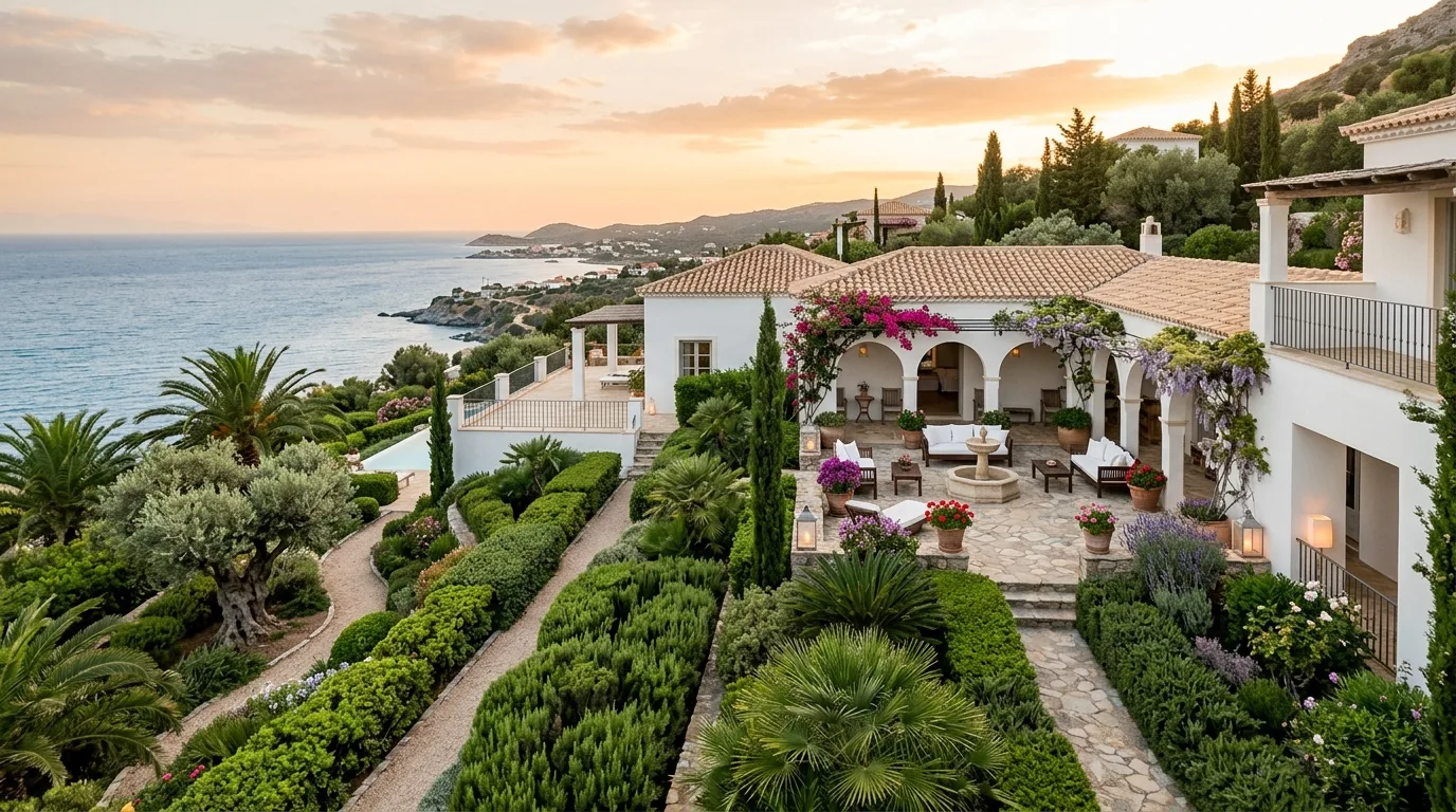 A layered Mediterranean privacy hedge with varied texture and bloom, no people