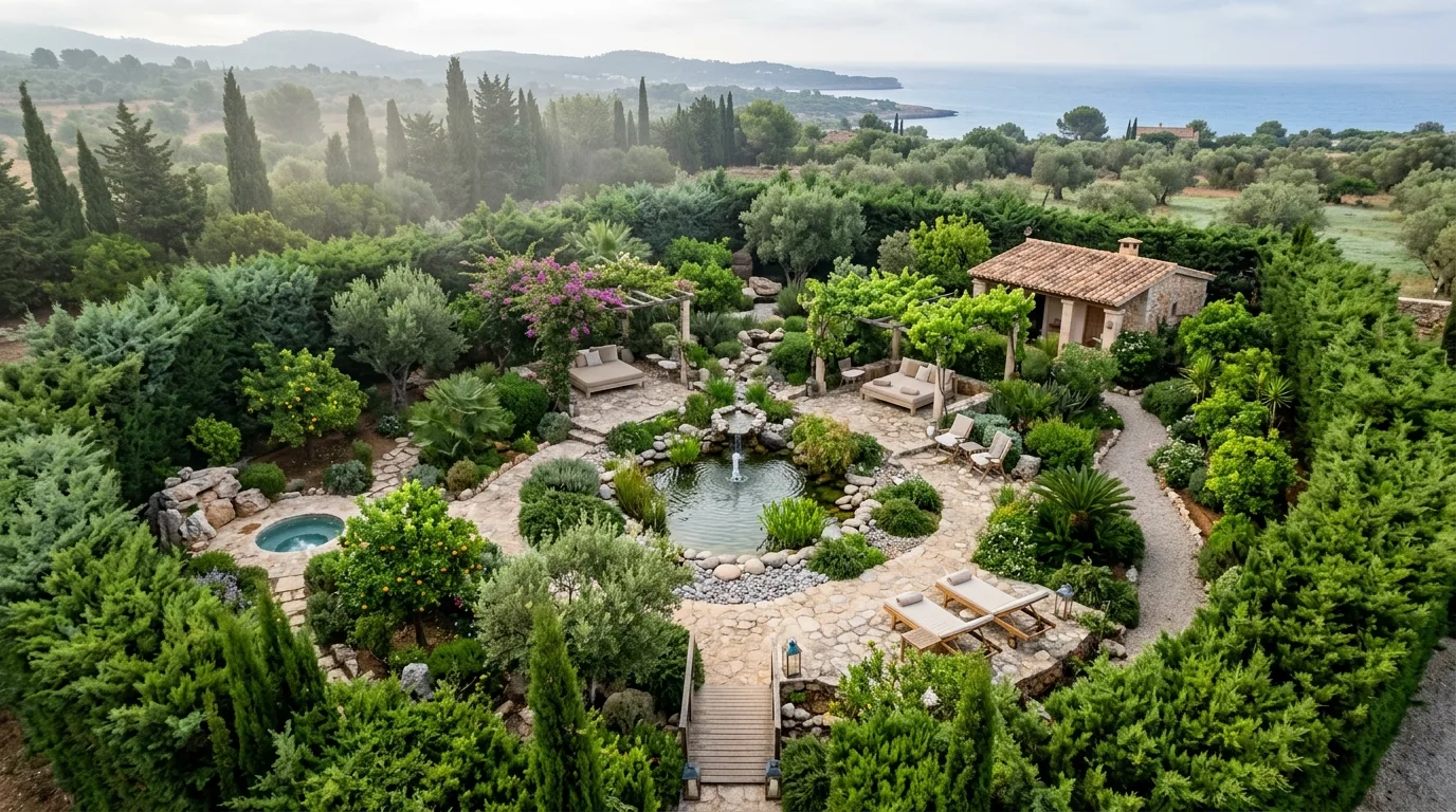 A compact urban oasis screened by narrow Mediterranean hedges, no people