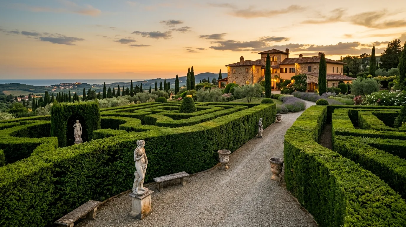 A secluded Mediterranean garden room enclosed by lush hedges, no people