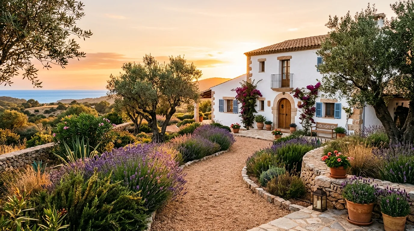 A warm Mediterranean front yard with olive trees and gravel, no people