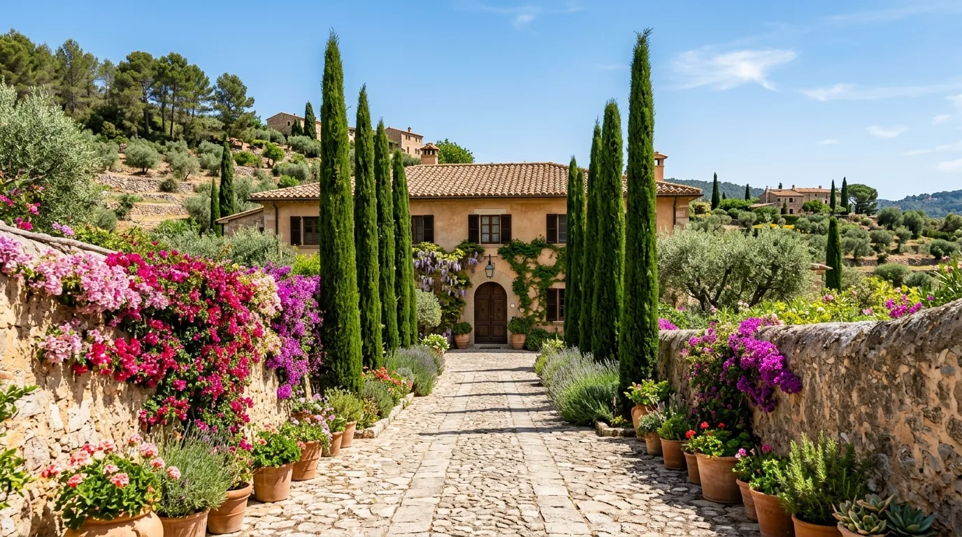 A Mediterranean front yard with tiled path herbs and shrubs, no people