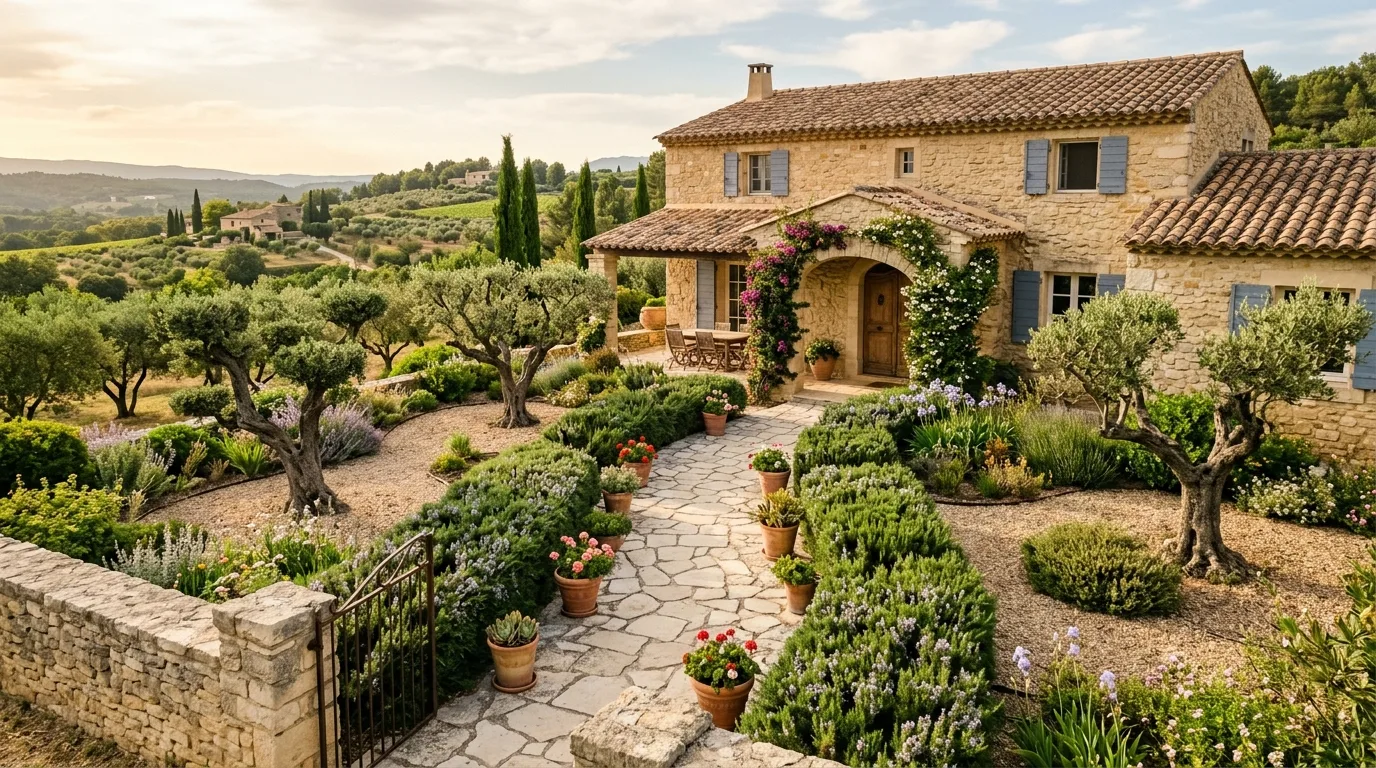 Terracotta planters softening a Mediterranean front yard facade, no people