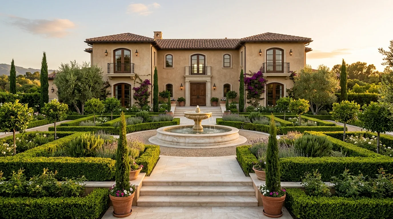 A Mediterranean front yard with cypress lined approach, no people