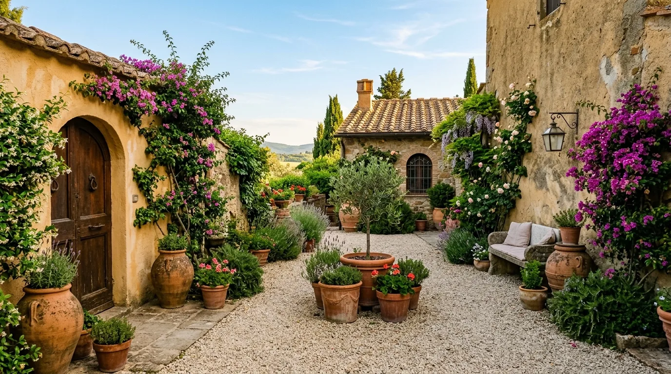A sunny Mediterranean front yard with drought tolerant flowers, no people
