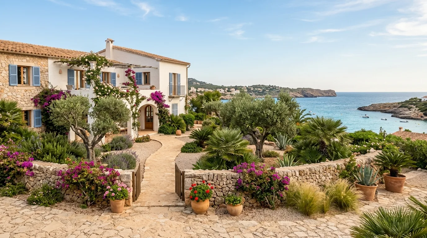A Mediterranean stone stair front yard with silver green planting, no people