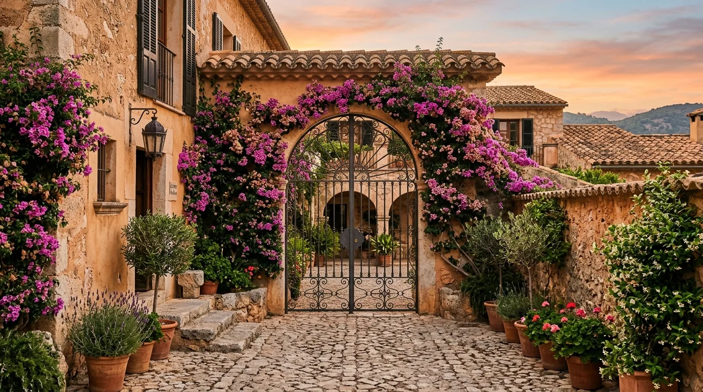 A courtyard style Mediterranean front yard with walls and greenery, no people