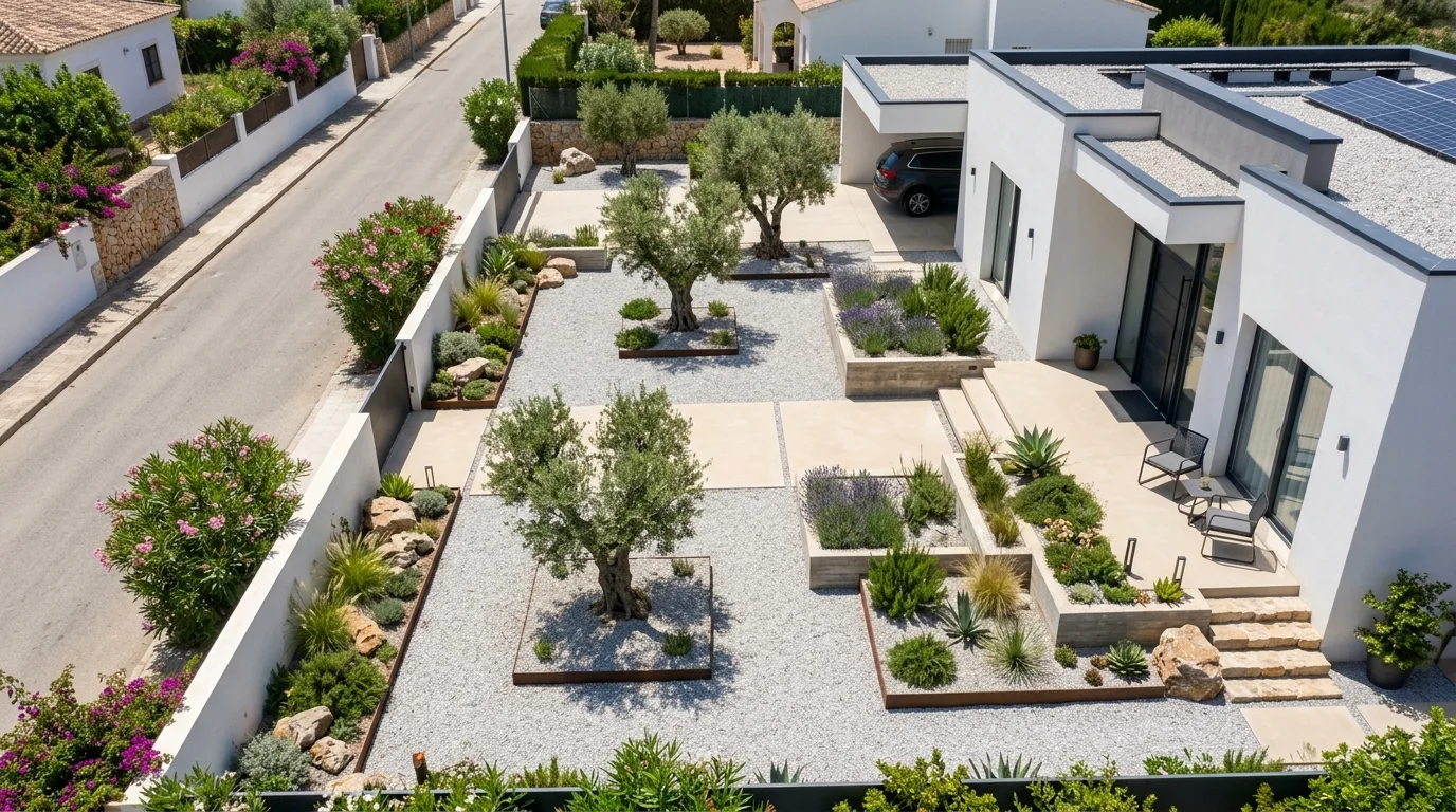 A small Mediterranean front yard with one sculptural focal tree, no people