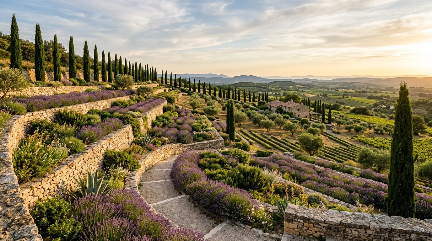 A warm Mediterranean entry garden with lavender rosemary and gravel, no people