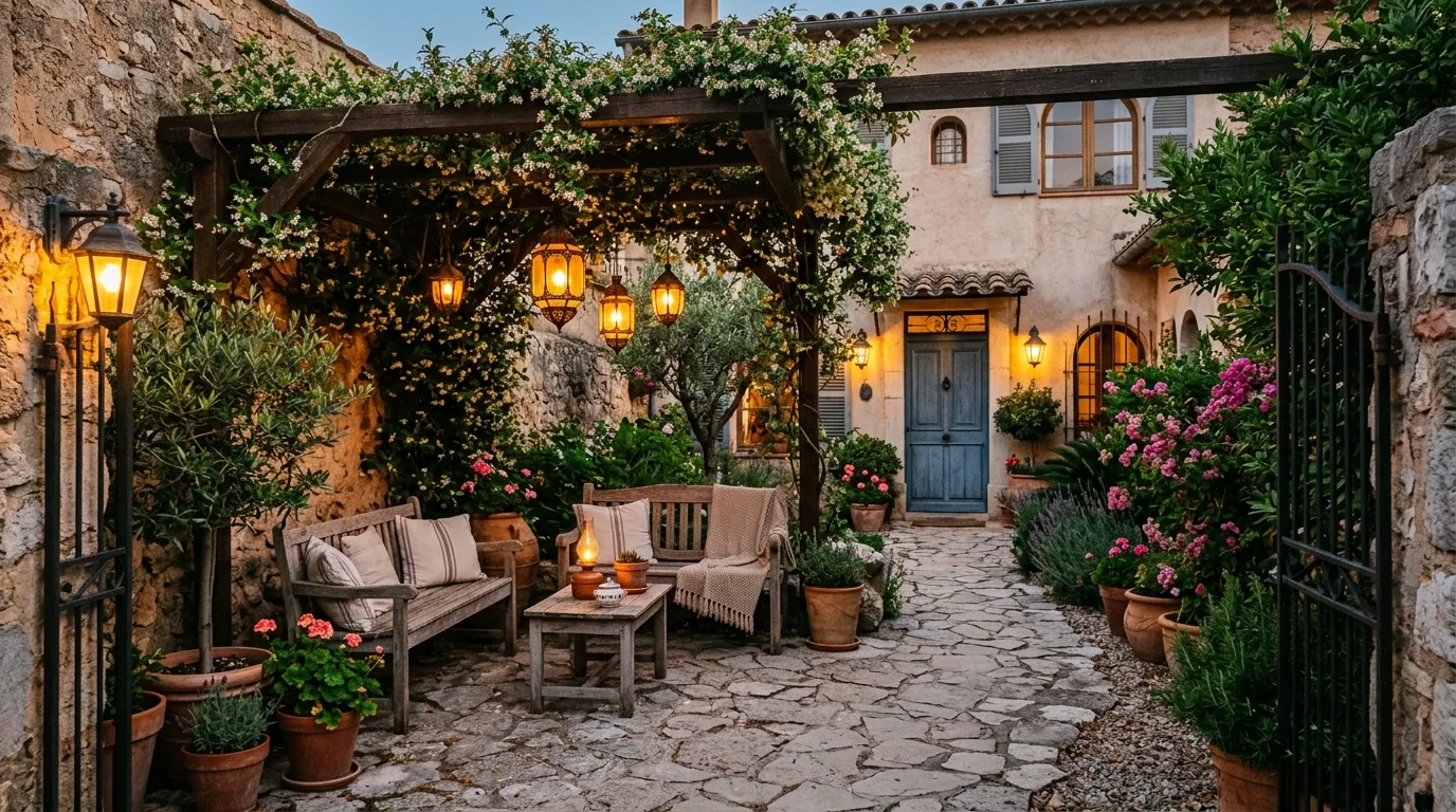 A Mediterranean front yard with a courtyard style fountain, no people