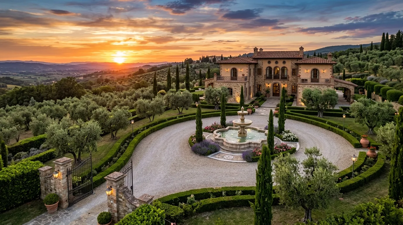 A broad Mediterranean front yard anchored by repeated pots and structure, no people