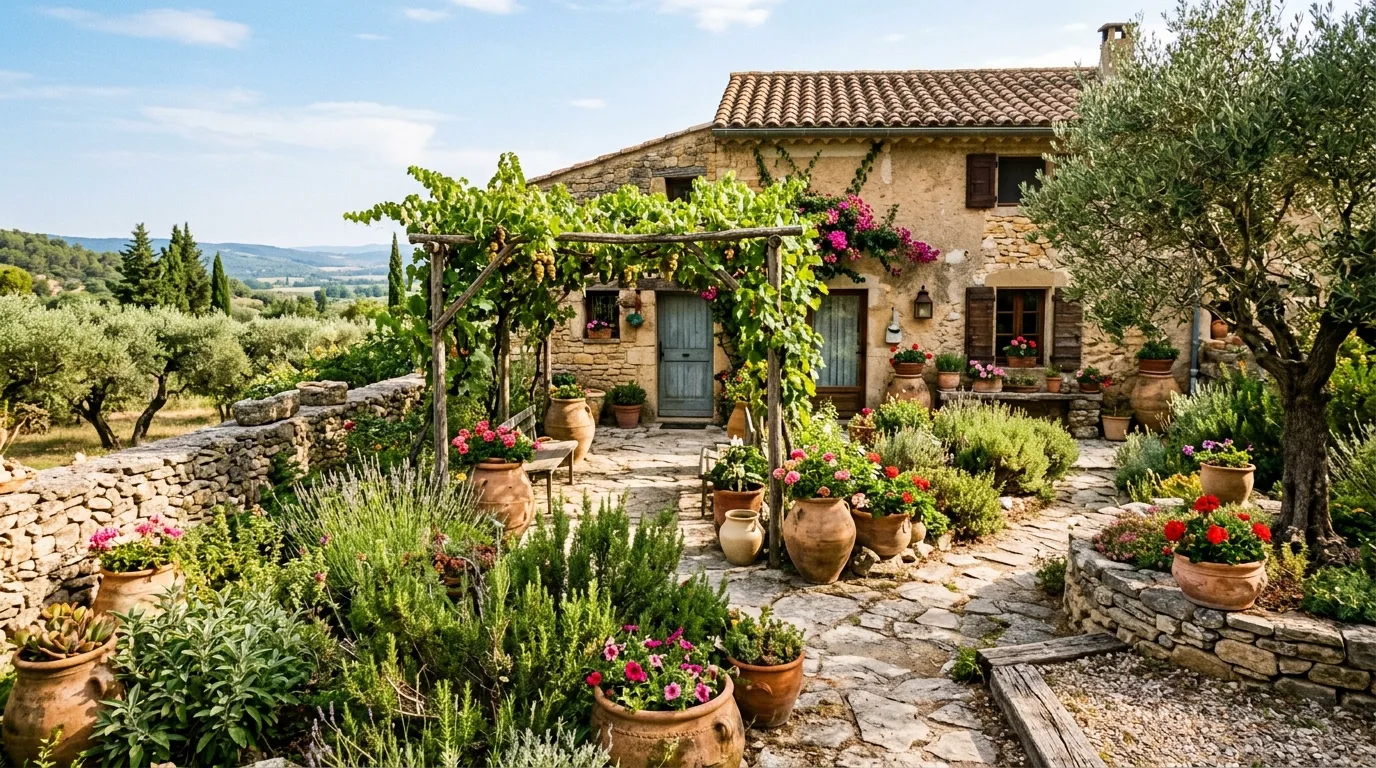 A terraced Mediterranean front yard on a slope, no people