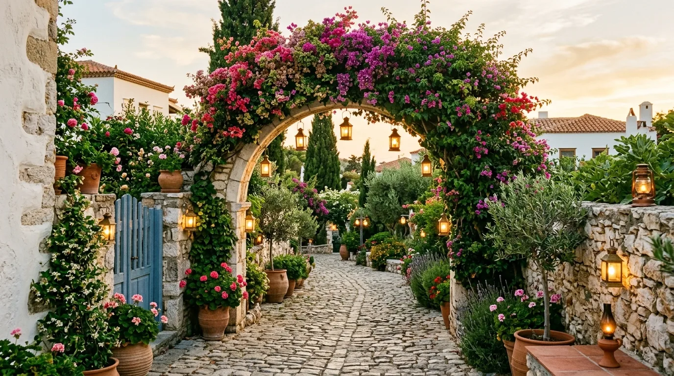 A rich low water Mediterranean front yard with European flair, no people