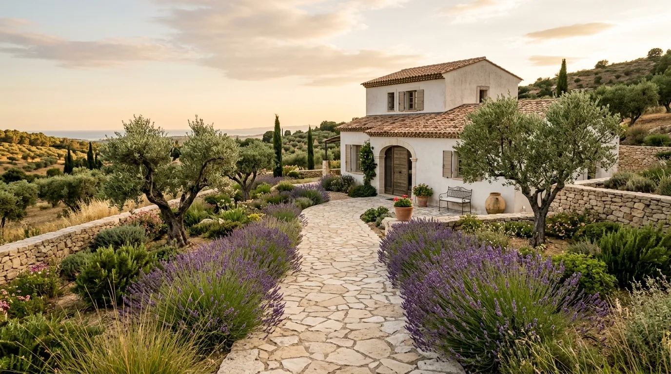 A Mediterranean front yard blending rustic warmth and clean geometry, no people