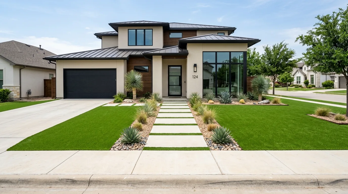 A low maintenance turf front yard with broad planted borders, no people