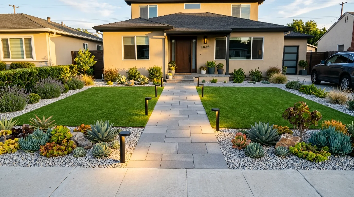A simple low maintenance turf front yard with one lawn panel, no people