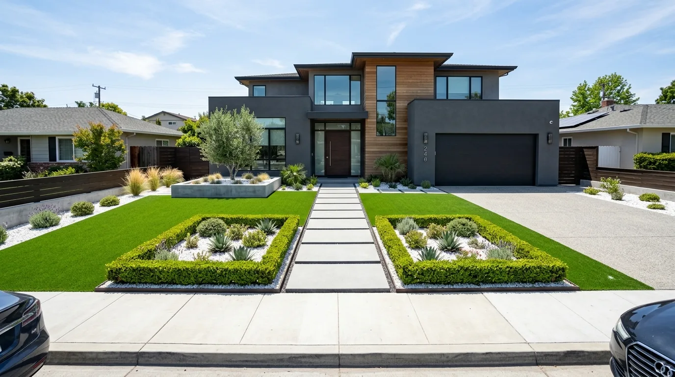 An easy care turf front yard with clean path edges, no people