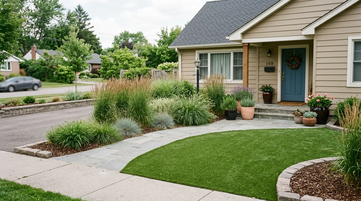 A low maintenance turf front yard with evergreen structure, no people